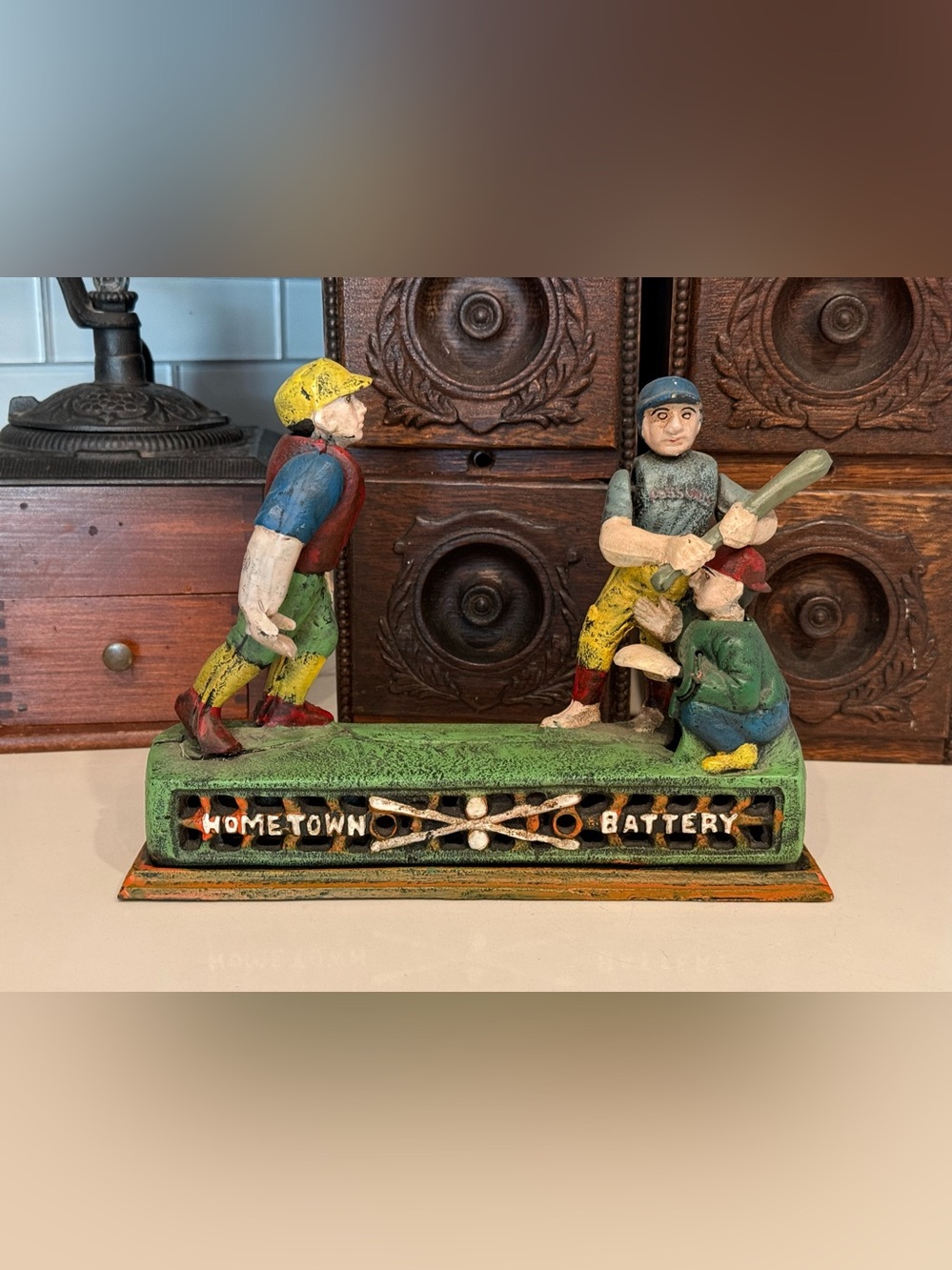 Vintage Cast Iron Baseball Coin Bank Mechanical Home Town Battery